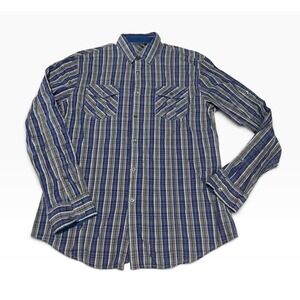 Esprit Mens Blue Gray Plaid Long Sleeve Button Down Cotton Shirt Large